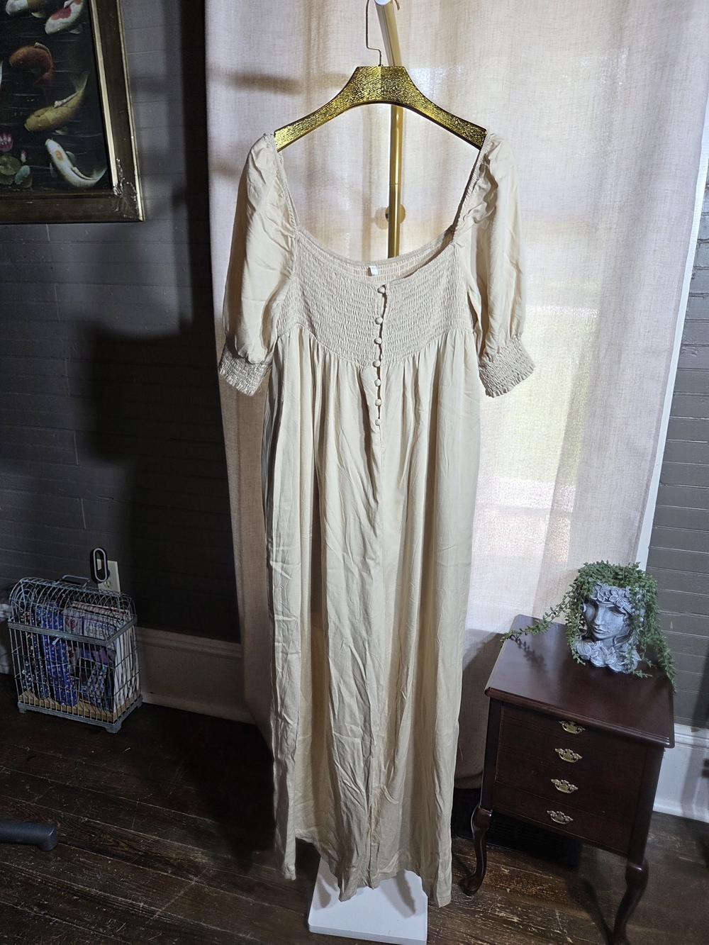 Smocked Neck Cream Maxi Jumpsuit with Button Front